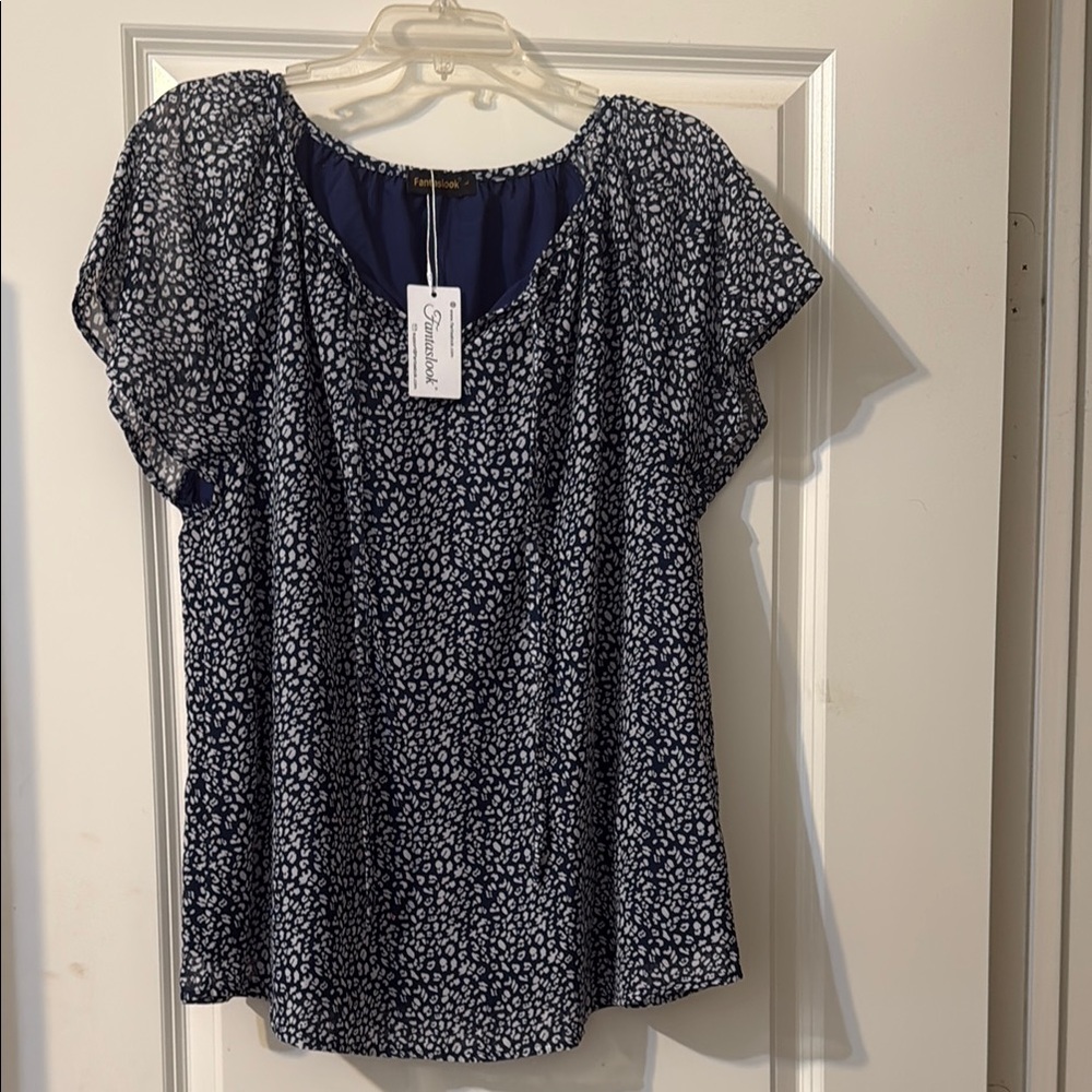 Signature Blue and White Flutter Sleeve Blouse